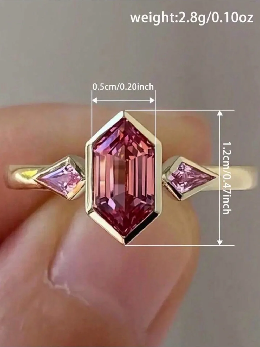 CZ Ring with Pink Hexagonal Center Stone and Pink Side Stones size 7